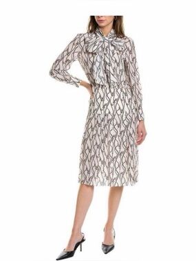 Salvatore Ferragamo Cream Long-Sleeve Tie-Neck Midi Dress with Black Chain Print